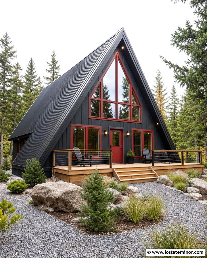 Black A Frame House With Red Window Frames - 30 Black House Design With Window Frames Ideas