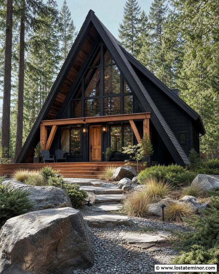 Black A Frame House With Rocky Front Yard - 30 Black House Design With Front Yard Ideas