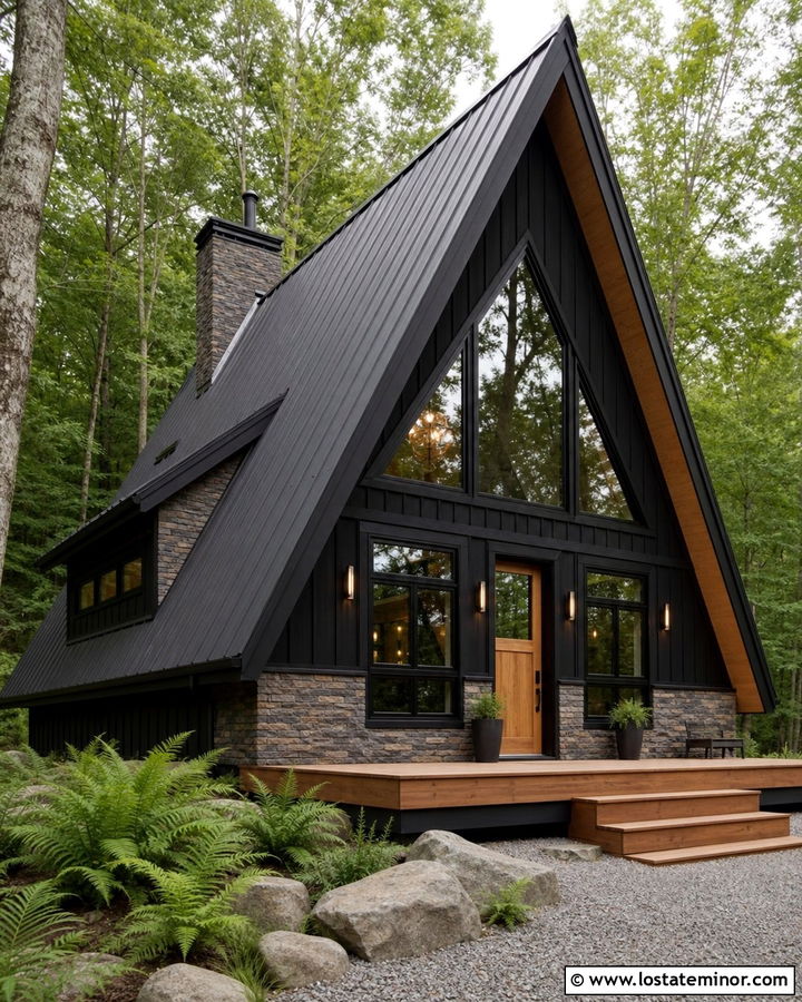 Black A Frame House With Stacked Stone Wainscoting - 30 Black House Design With Wainscoting Ideas