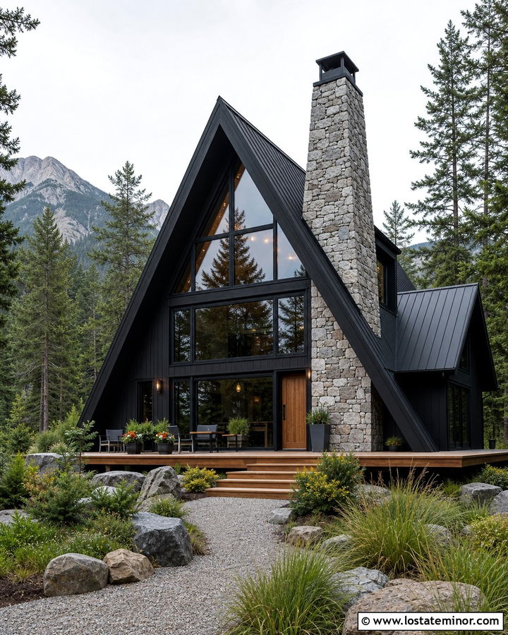 Black A Frame House With Stone Chimney - 30 Black House Design With Stone Accents Ideas