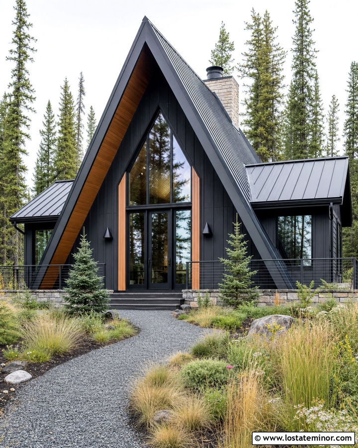 Black A Frame House With Triangle Sconces - 30 Black House Design With Light Fixtures Ideas