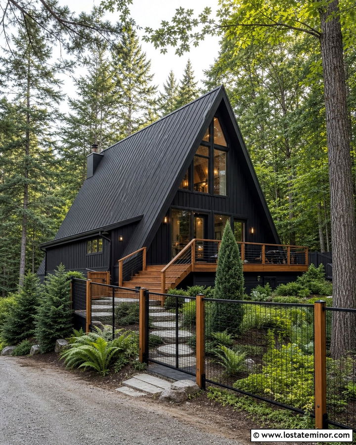 Black A Frame House With Wire Fence - 30 Black House Design With Fence Ideas
