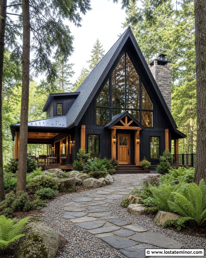 Black A Frame House With Woodland Walkway - 30 Black House Design With Walkway Ideas