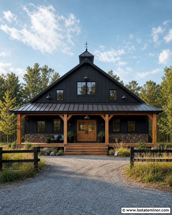 Black Barn House With Full Length Awning - 30 Black House Design With Awning Ideas