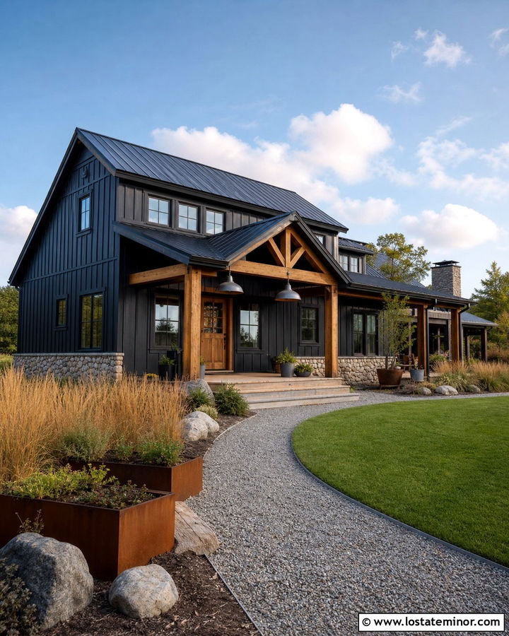 Black Barn House With Oversized Pendants - 30 Black House Design With Light Fixtures Ideas