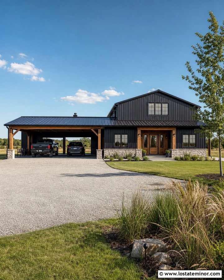 Black Barndominium With Carport - 30 Black House Design With Carport Ideas