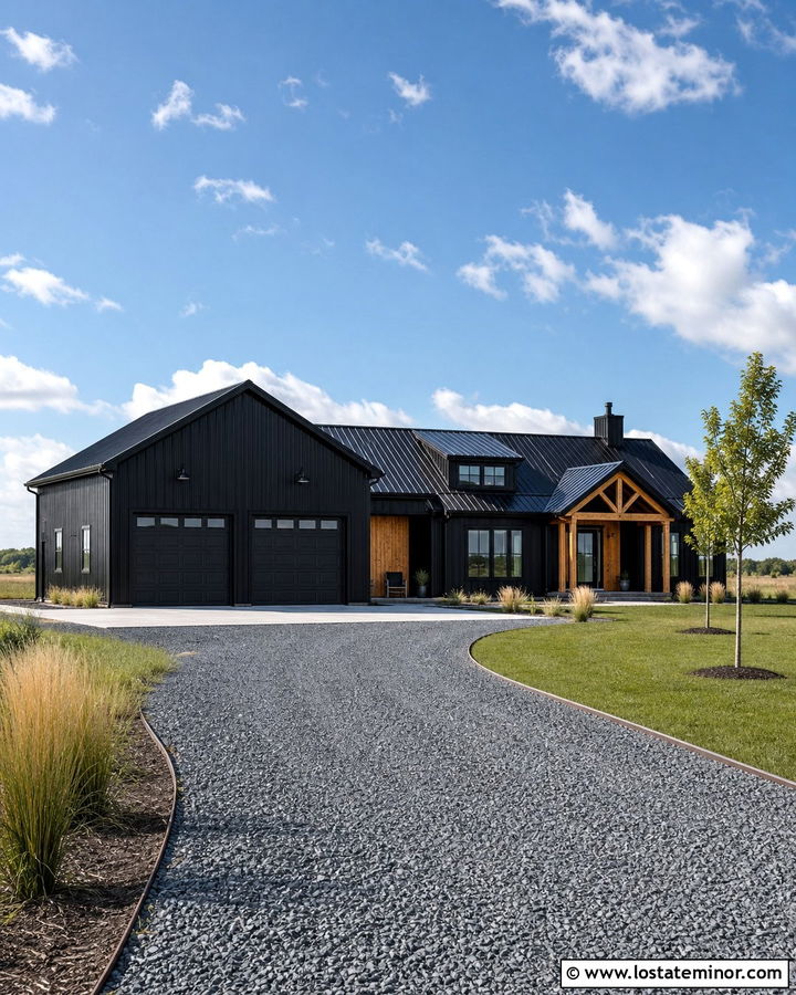 Black Barndominium With Crushed Stone Driveway - 30 Black House Design With Driveway Ideas