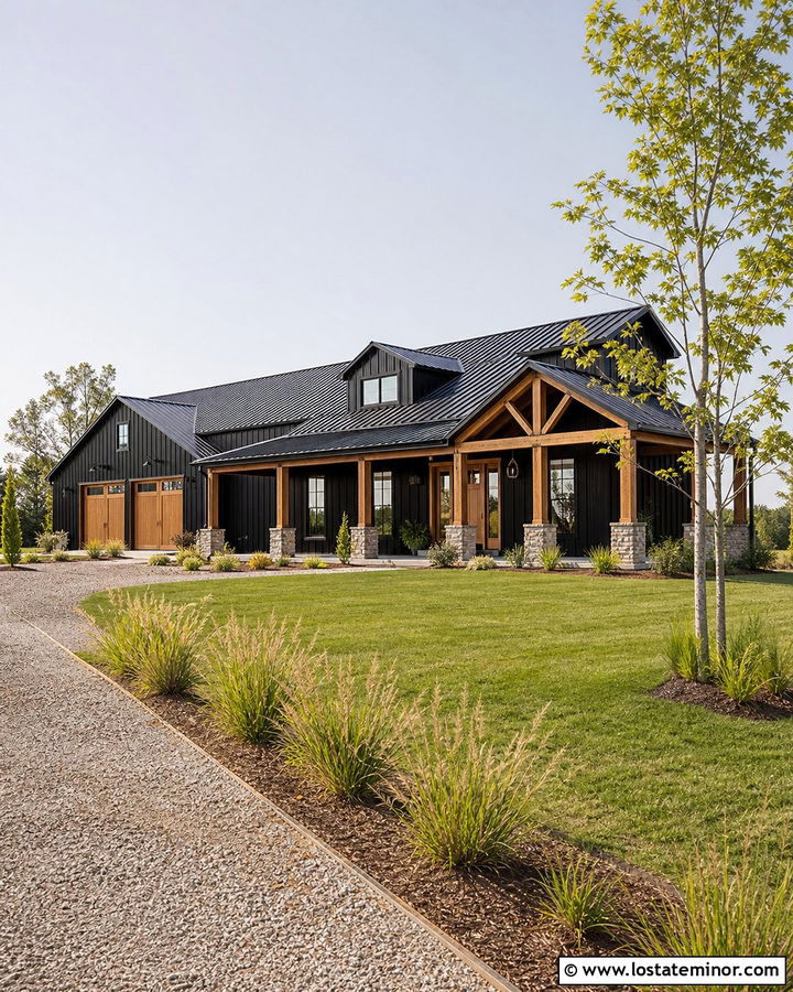 Black Barndominium With Heavy Timber Columns - 30 Black House Design With Porch Columns Ideas