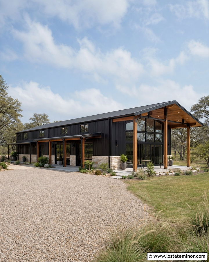 Black Barndominium With Large Sunroom - 30 Black House Design With Sunroom Ideas