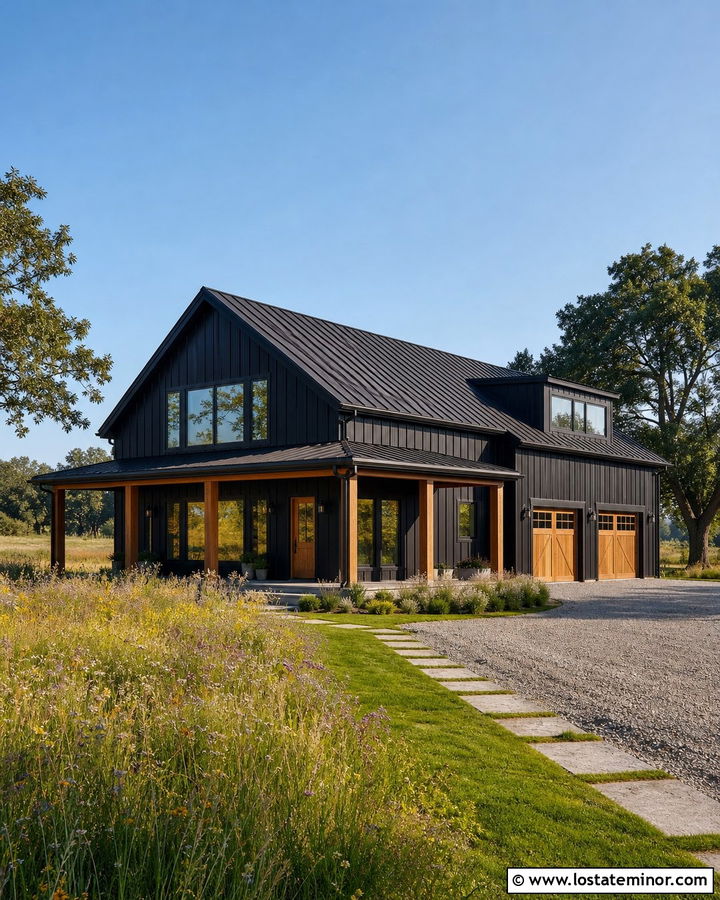 Black Barndominium With Meadow Front Yard - 30 Black House Design With Front Yard Ideas