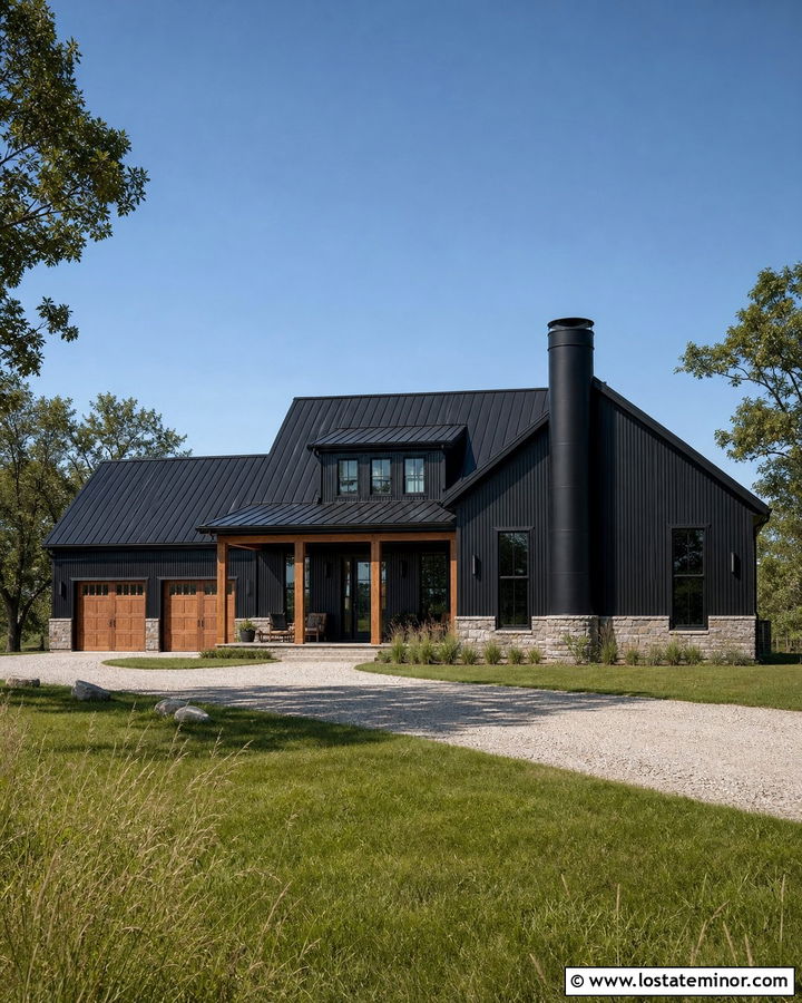 Black Barndominium With Metal Chimney - 30 Black House Design With Chimney Ideas