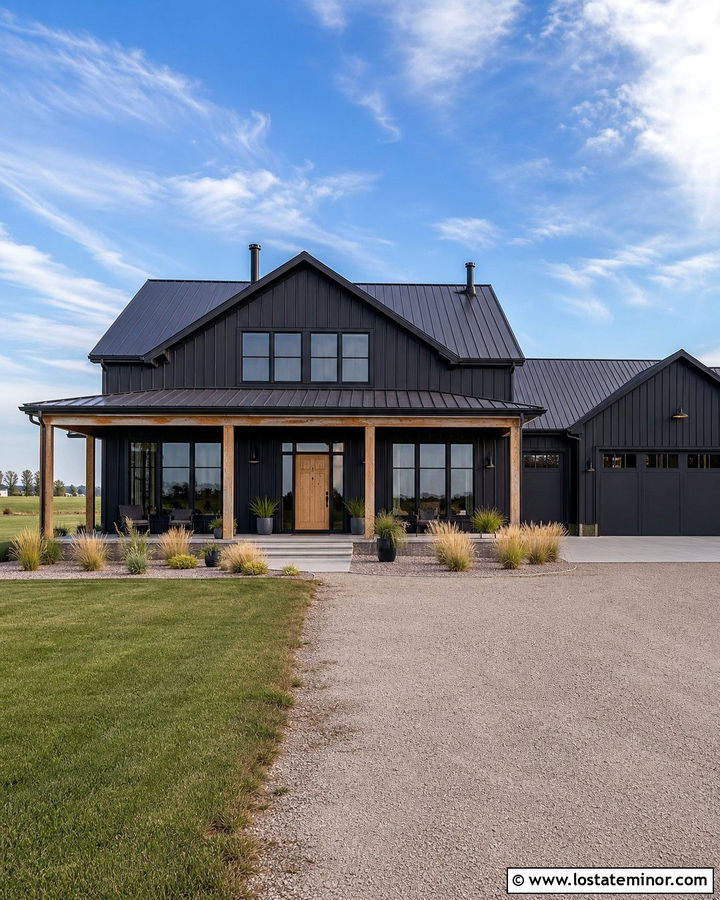 Black Barndominium With Metal Porch Ceiling - 30 Black House Design With Porch Ceiling Ideas