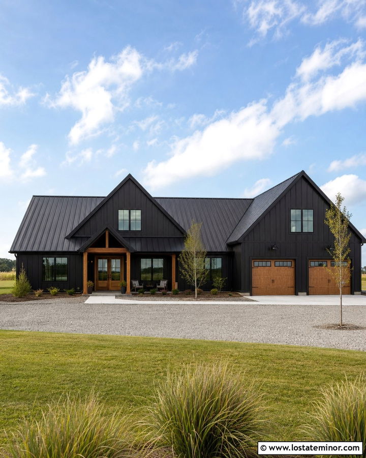 Black Barndominium With Multiple Gables - 30 Black House Design With Gables Ideas