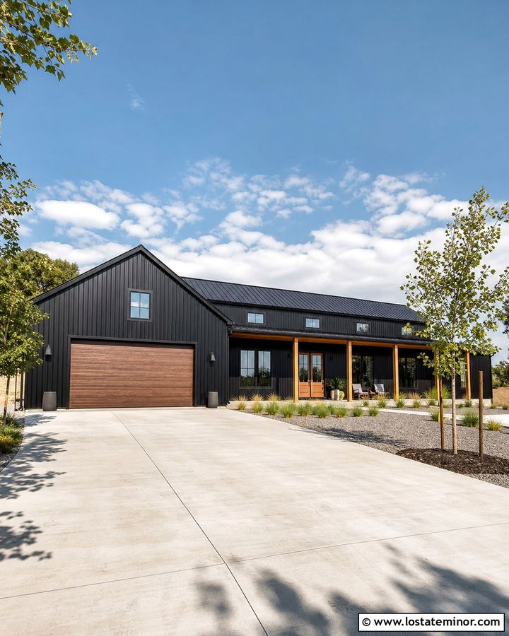 Black Barndominium With Oversized Garage Door - 30 Black House Design With Garage Door Ideas