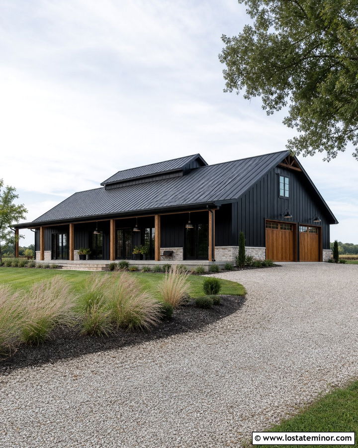 Black Barndominium With Oversized Pendants - 30 Black House Design With Lighting Ideas
