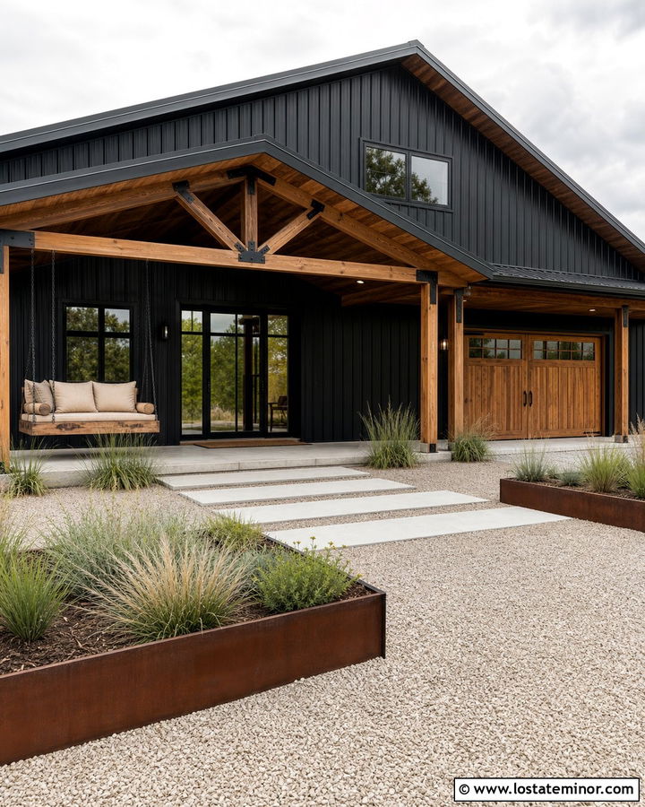 Black Barndominium With Oversized Swing - 30 Black House Design With Swing Ideas