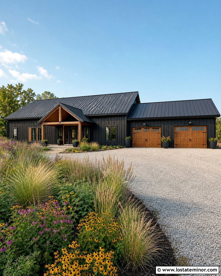 Black Barndominium With Prairie Grasses - 30 Black House Design With Landscaping Ideas