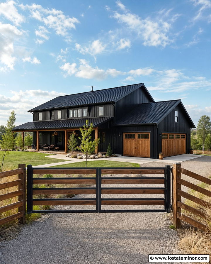 Black Barndominium With Ranch Rail Fence - 30 Black House Design With Fence Ideas