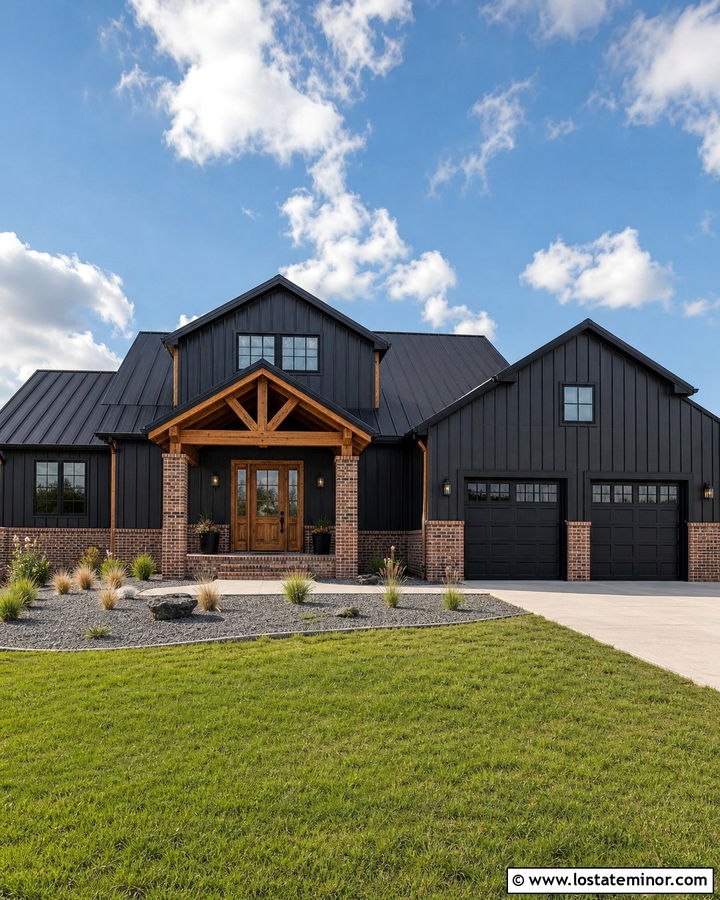 Black Barndominium With Red Brick Base - 30 Black House Design With Brick Accents Ideas