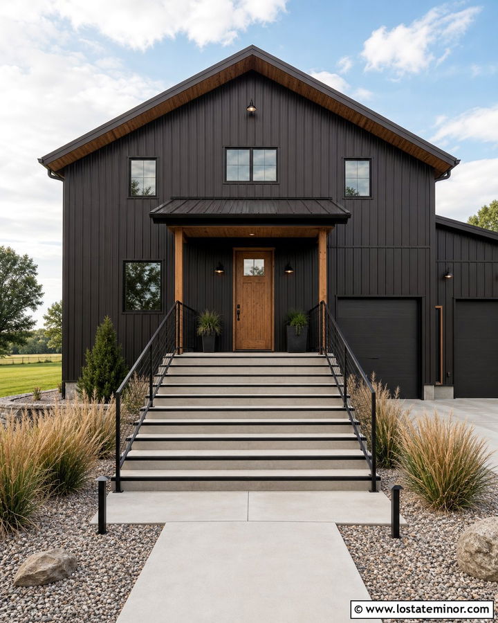 Black Barndominium With Steel Edged Steps - 30 Black House Design With Steps Ideas