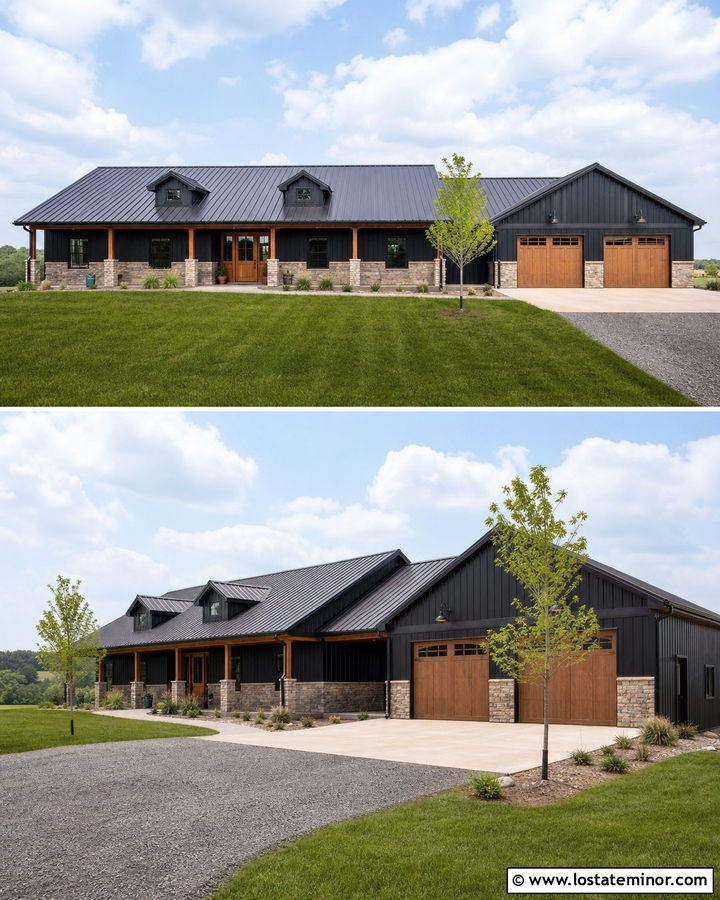 Black Barndominium With Stone Wainscoting - 30 Black House Design With Stone Accents Ideas