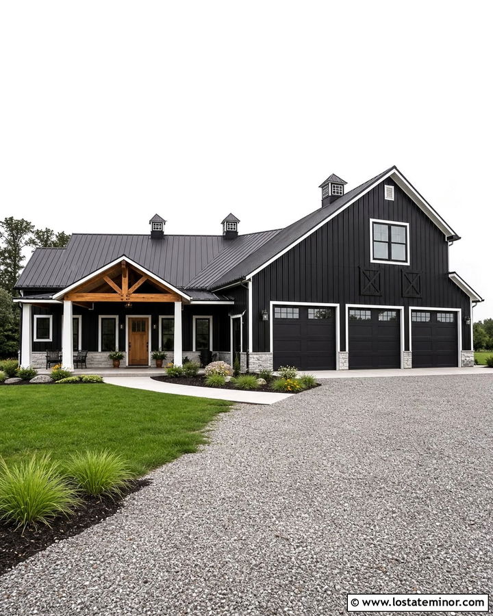 Black Barndominium With White Trim - 30 Black House Design With Trim Ideas