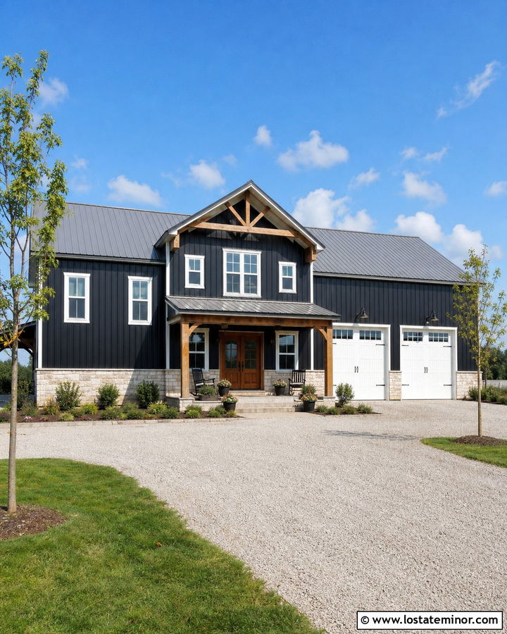 Black Barndominium With White Window Frames - 30 Black House Design With Window Frames Ideas