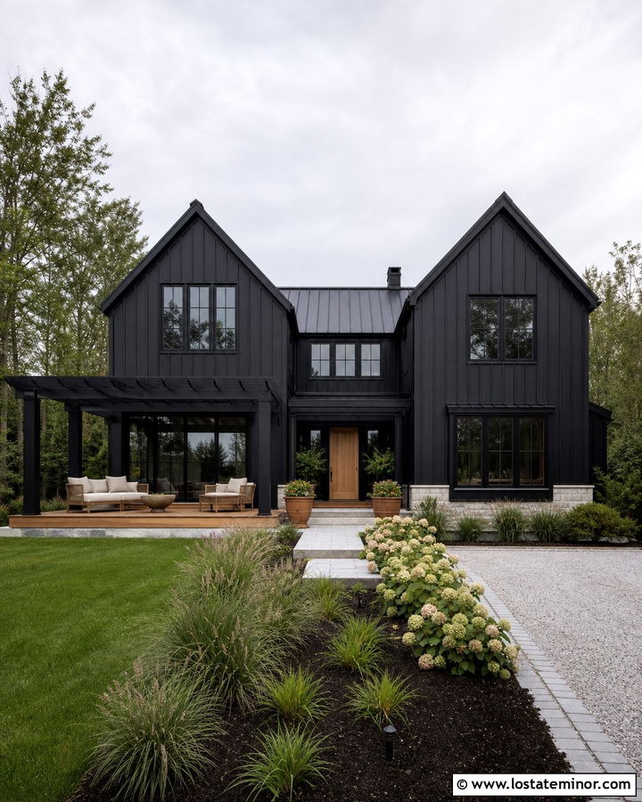 Black Board And Batten House With Black Pergola - 30 Black House Design With Pergola Ideas