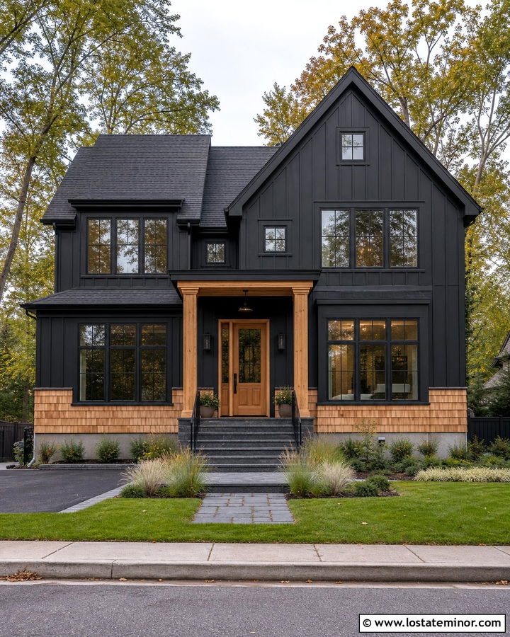 Black Board And Batten House With Cedar Shake Skirt - 30 Black House Design With Cedar Shake Ideas