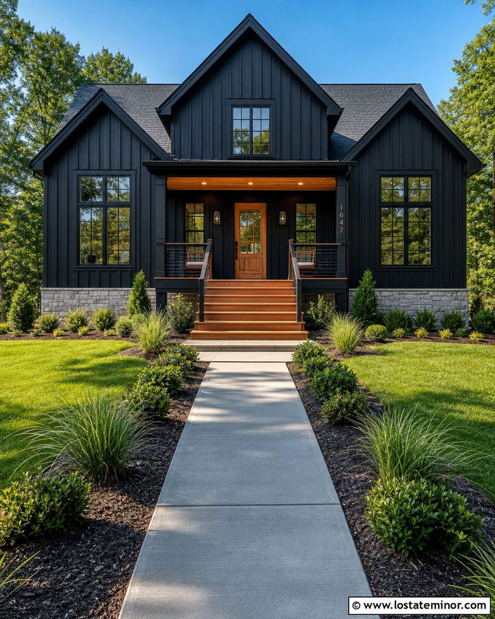 Black Board And Batten House With Cedar Steps - 30 Black House Design With Steps Ideas