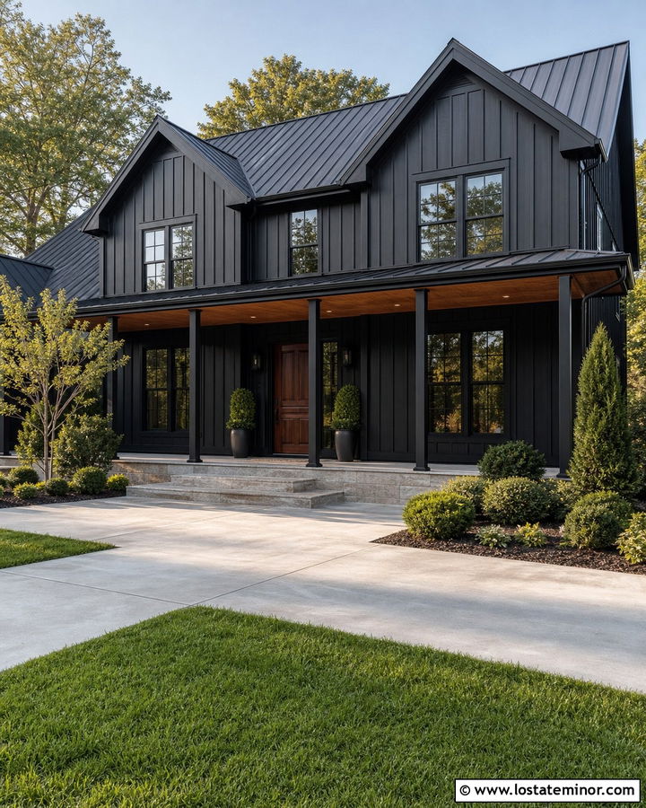 Black Board And Batten House With Mahogany Porch Ceiling - 30 Black House Design With Porch Ceiling Ideas