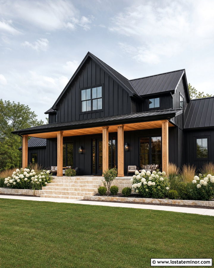 Black Board And Batten House With Metal Roof - 30 Black House Design With Siding Ideas