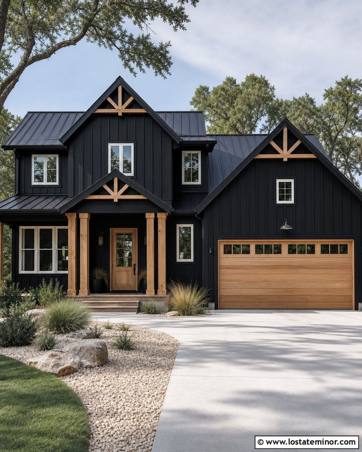 Black Board And Batten House With Oak Garage Door - 30 Black House Design With Garage Door Ideas