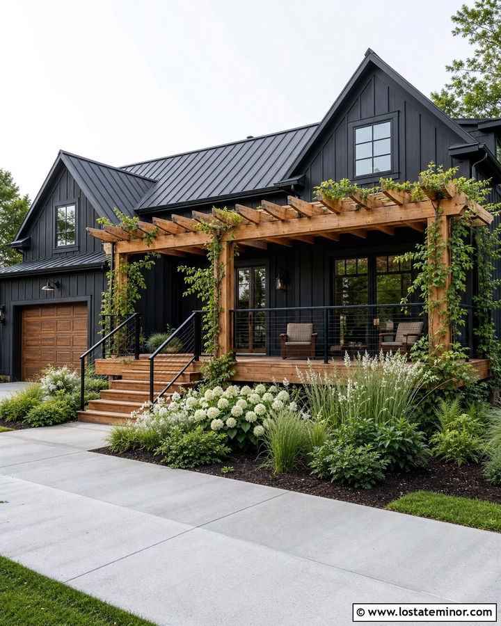 Black Board And Batten House With Pergola Deck - 30 Black House Design With Deck Ideas