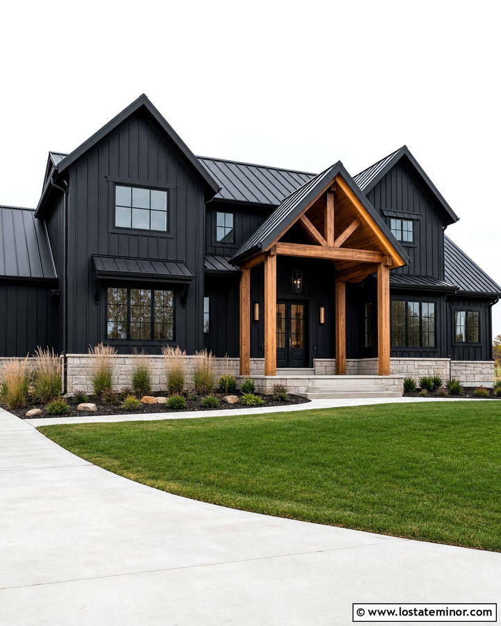 Black Board And Batten House With Portico - 30 Black House Design With Portico Ideas