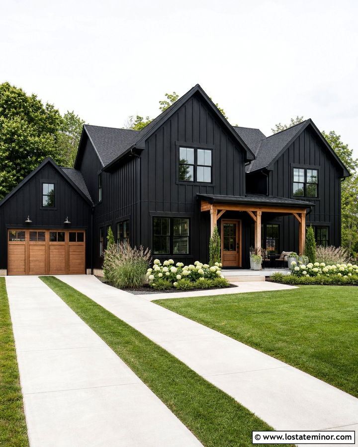 Black Board And Batten House With Ribbon Driveway - 30 Black House Design With Driveway Ideas