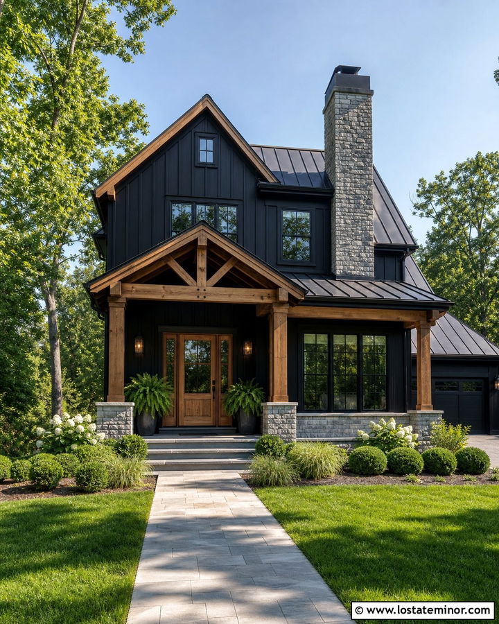 Black Board And Batten House With Stone Chimney - 30 Black House Design With Chimney Ideas