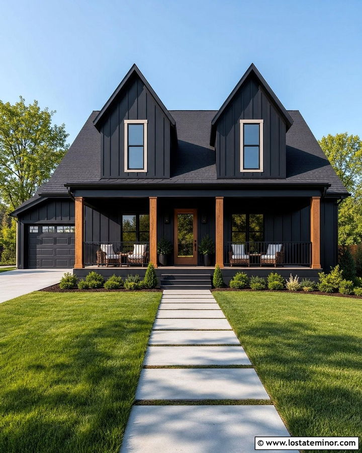 Black Board And Batten House With Twin Dormers - 30 Black House Design With Dormers Ideas