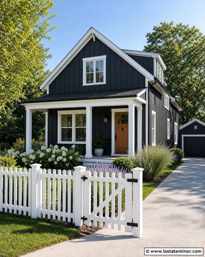 Black Board And Batten House With White Fence - 30 Black House Design With Fence Ideas