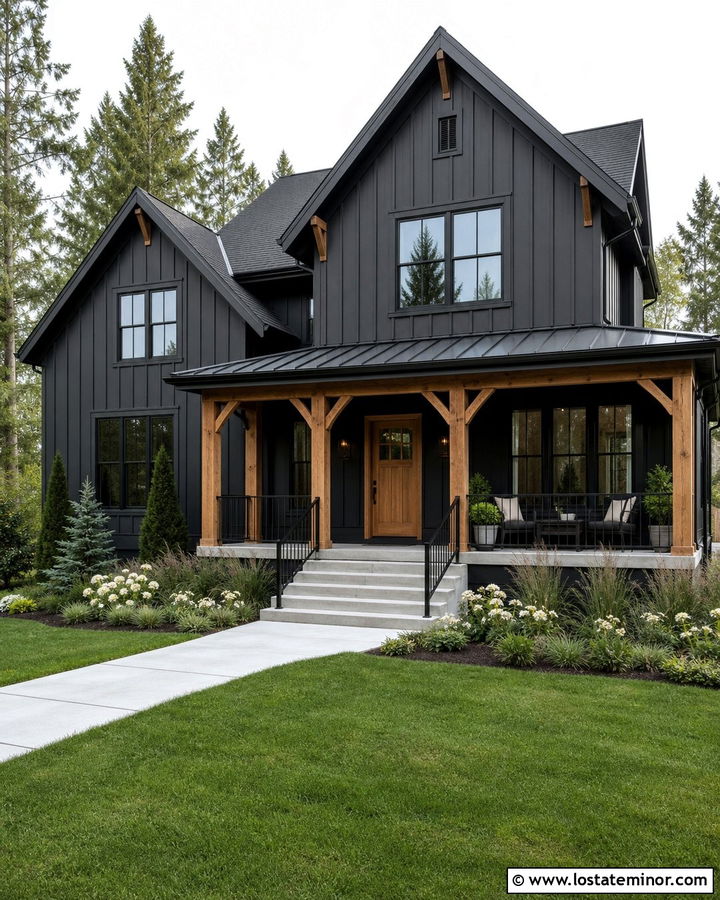 Black Board And Batten House With Wood Columns - 30 Black House Design With Porch Columns Ideas