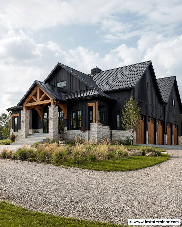 Black Board and Batten Barndominium With Stone Base - 30 Black House Design With Board and Batten Ideas