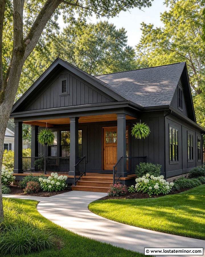 Black Board and Batten Bungalow With Wood Porch - 30 Black House Design With Board and Batten Ideas
