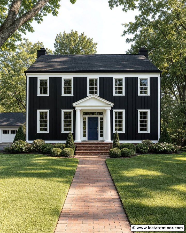 Black Board and Batten Colonial With White Windows - 30 Black House Design With Board and Batten Ideas