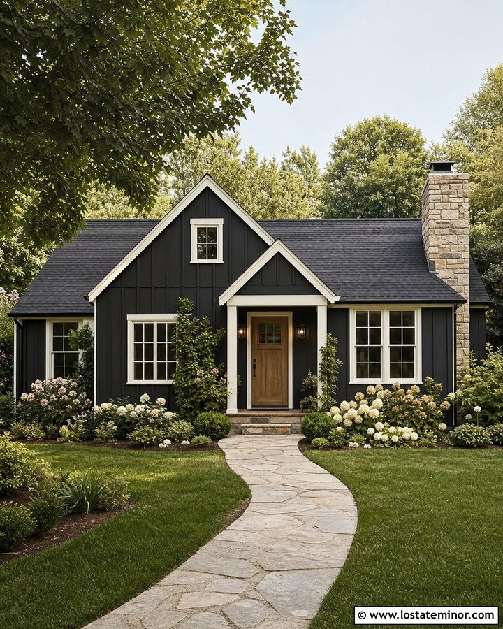 Black Board and Batten Cottage With Cream Trim - 30 Black House Design With Board and Batten Ideas