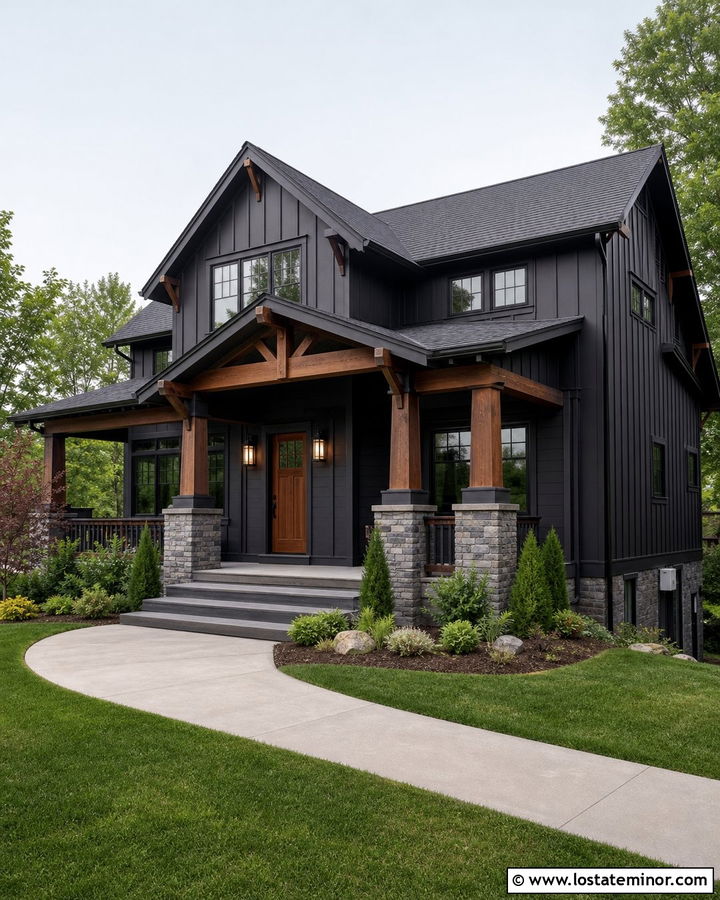 Black Board and Batten Craftsman With Stone Columns - 30 Black House Design With Board and Batten Ideas
