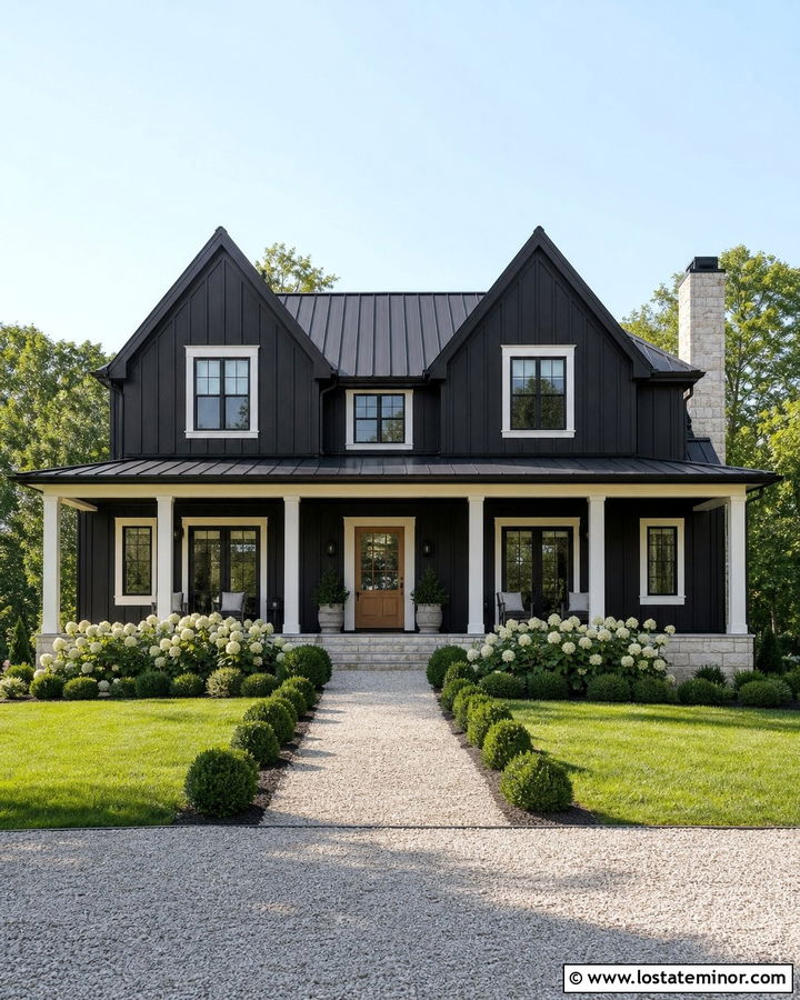 Black Board and Batten Farmhouse With White Trim - 30 Black House Design With Board and Batten Ideas