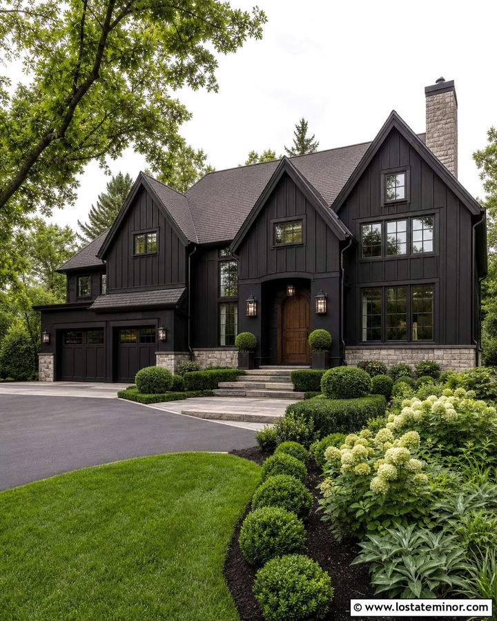 Black Board and Batten House With Bronze Windows - 30 Black House Design With Board and Batten Ideas