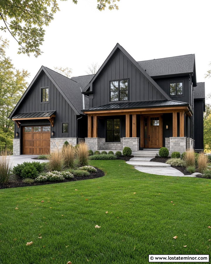 Black Board and Batten House With Cedar Accents - 30 Black House Design With Board and Batten Ideas