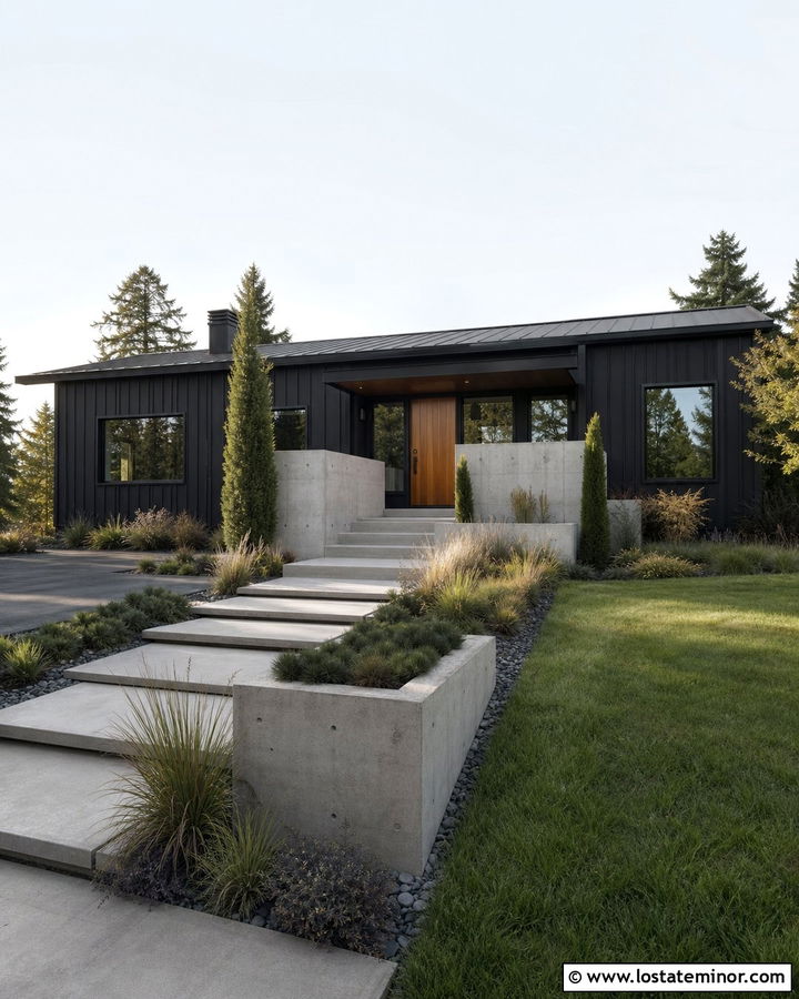 Black Board and Batten House With Concrete Accents - 30 Black House Design With Board and Batten Ideas