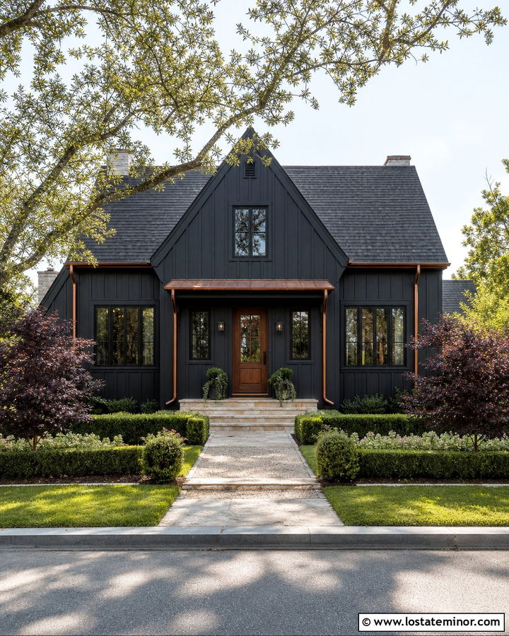 Black Board and Batten House With Copper Gutters - 30 Black House Design With Board and Batten Ideas